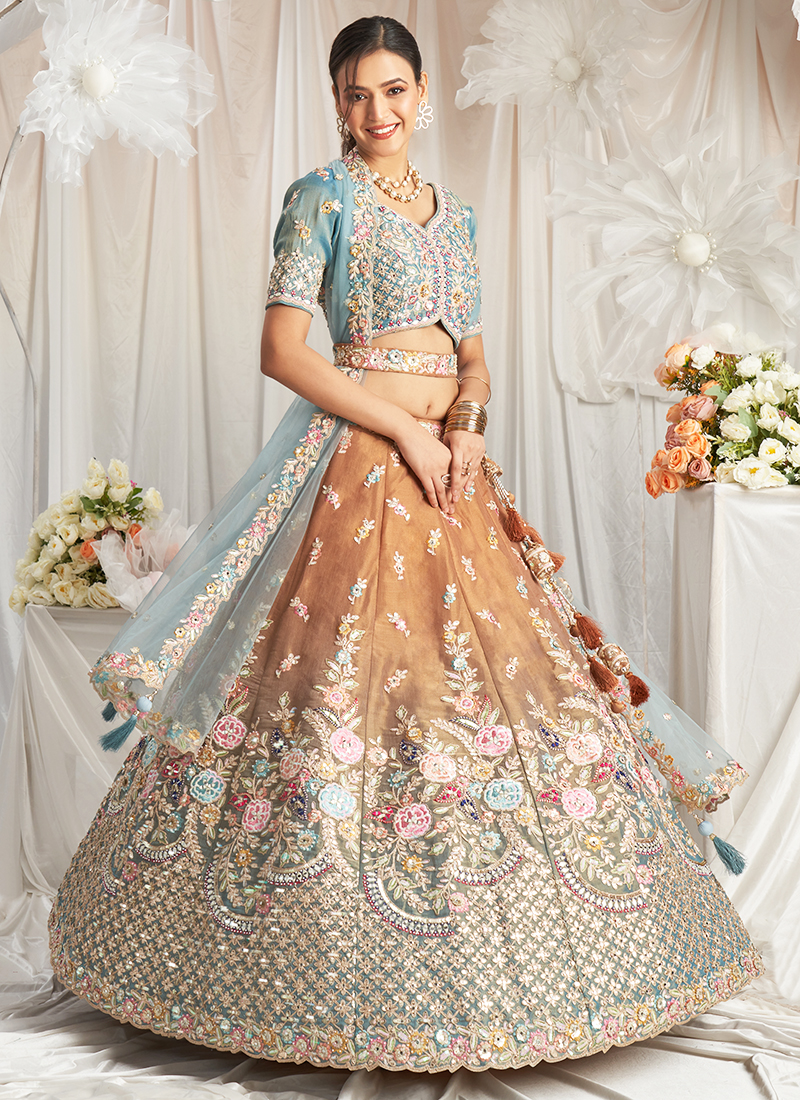 Pale Turquoise Sequins Embroidered Silk Bridal Lehenga Choli